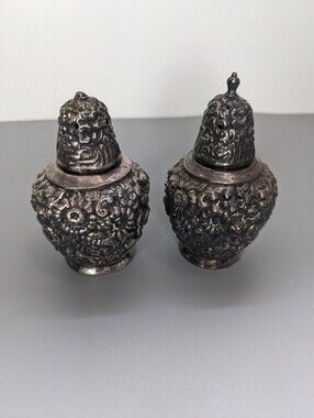Vintage Viking EP Lead Ornate Heavy Salt And Pepper Shakers Screw Top Pair